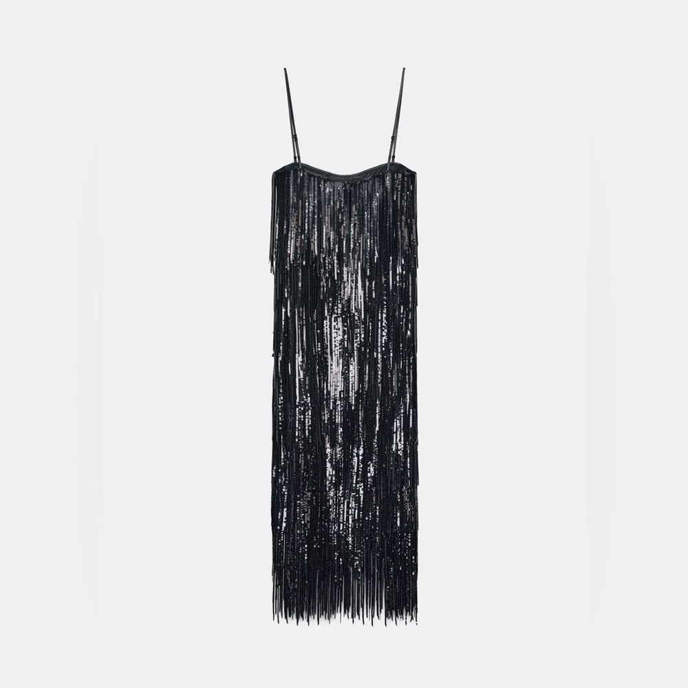 Zara Limited Edition SEQUIN FRINGE Black Midi DRESS sz.XS - Picture 8 of 15